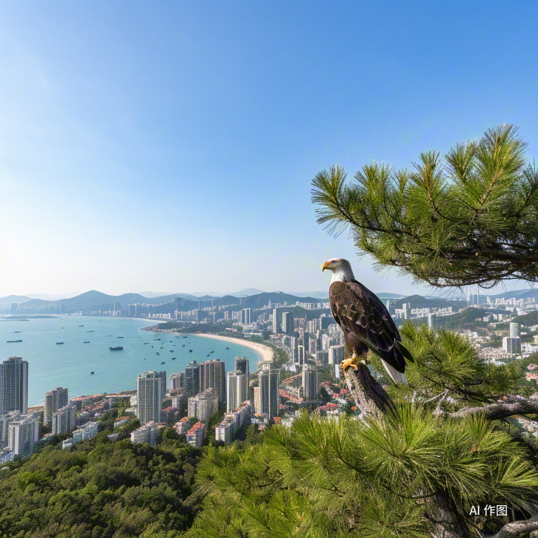 鹰站在北海市冠头岭上的松树上笑看北海市风景.jpg